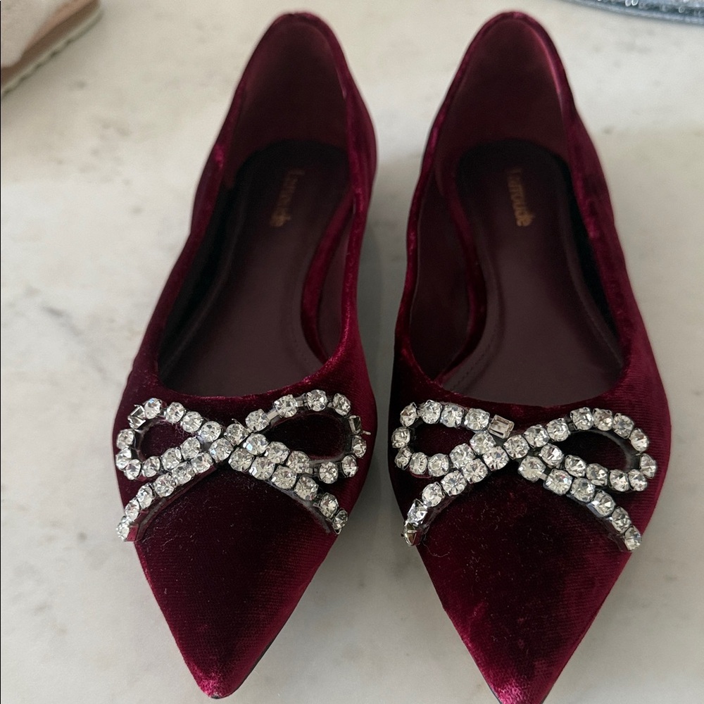Larroude Red Velvet Flats with Crystal Bow
